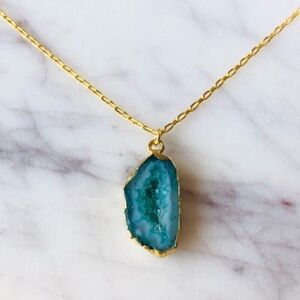 18K Gold Plated Blue Geode Druzy Slice Boho Necklace